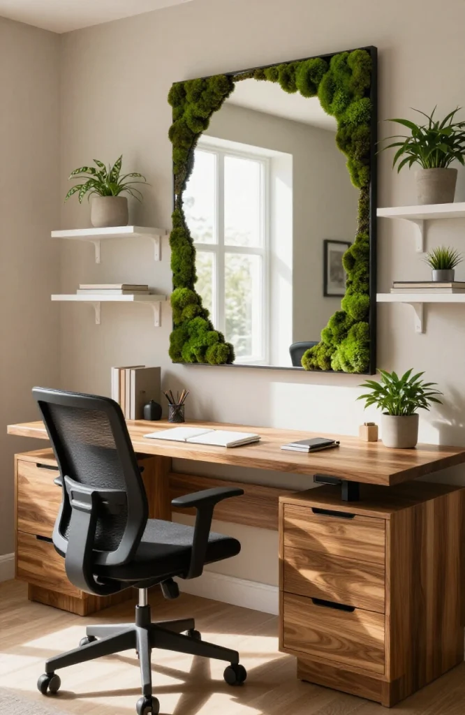 Decorative moss mirror mounted on a textured accent wall above a wooden desk in a home office