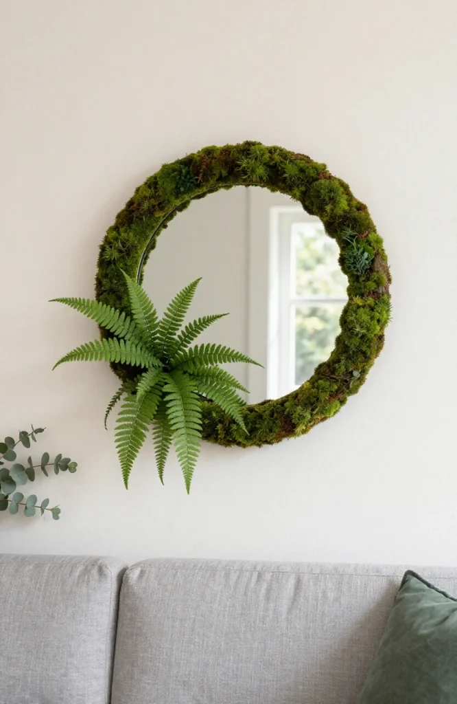 Wall-mounted moss mirror decorated with preserved ferns and cascading greenery creating a natural botanical display