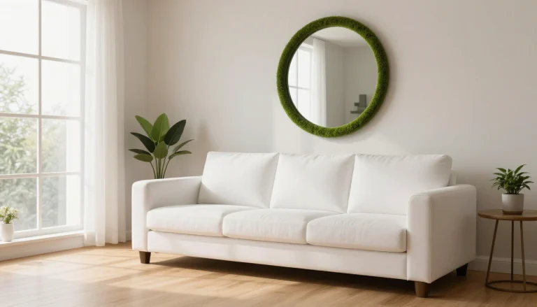Modern wall mirror with living moss frame decoration bringing natural outdoor elements into interior design