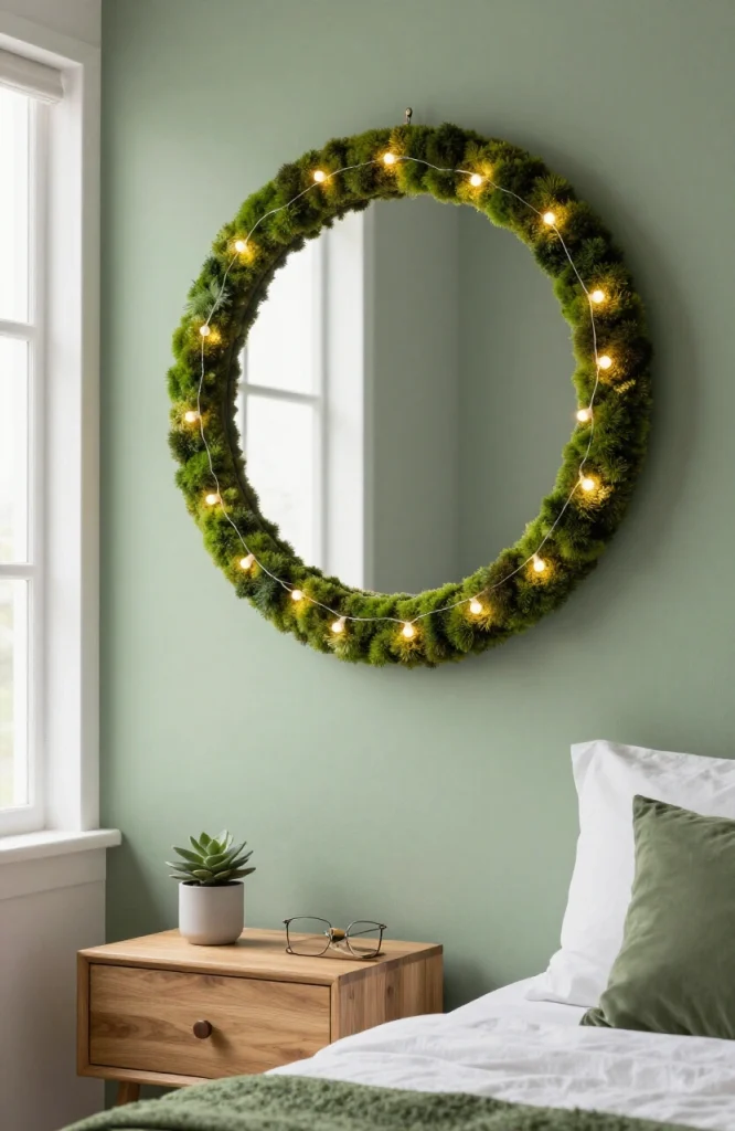Round moss mirror frame decorated with warm white LED fairy lights creating ambient lighting effect