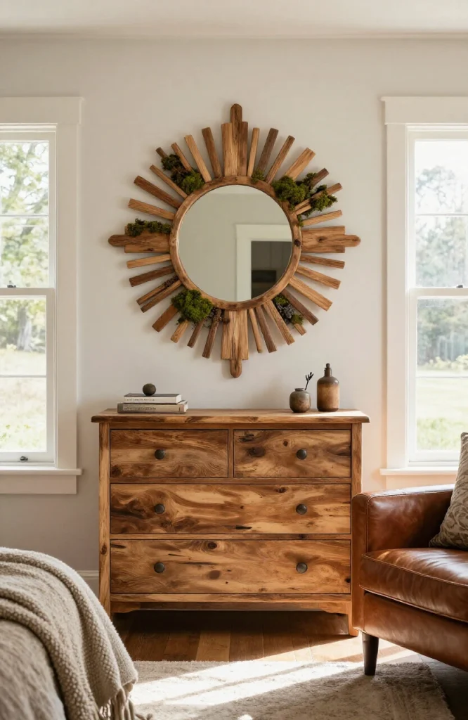 Wooden slat mirror frame with moss accents creating a rustic cabin aesthetic for wall decoration