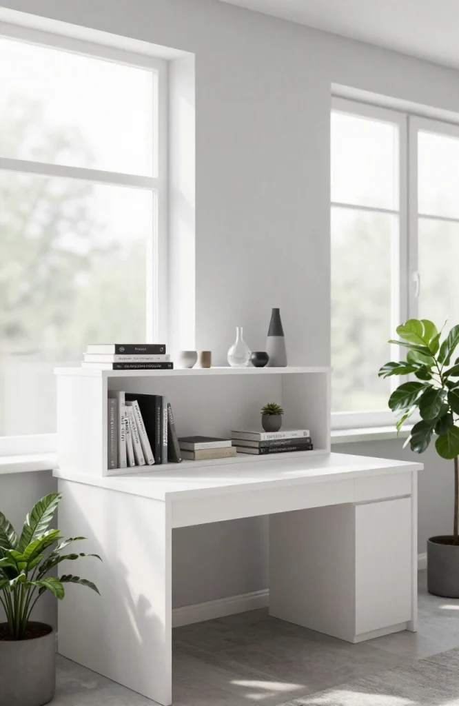 Light wood open shelf hutch with multiple tiers displaying office supplies and decorative items above small desk