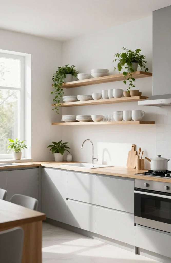 Modern parallel kitchen with open shelving on one wall displaying dishes and cookbooks alongside stainless steel appliances