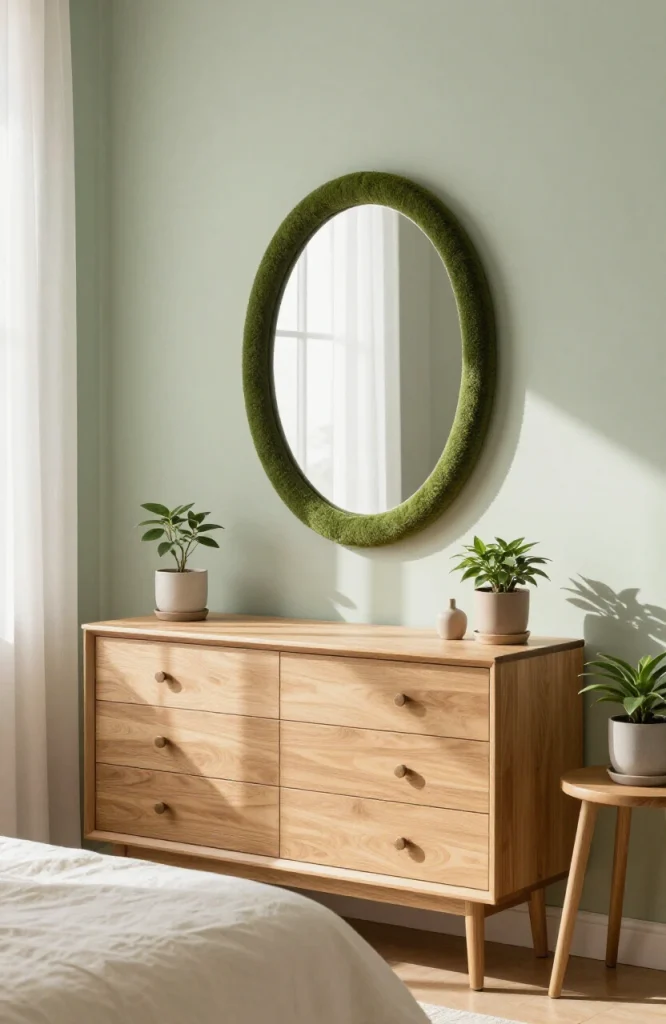 Oval moss mirror featuring natural moss frame with organic curved silhouette and gentle botanical texture