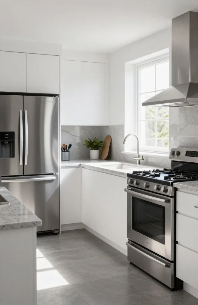 Modern parallel kitchen with organized appliance placement and designated workflow zones between two opposing countertops