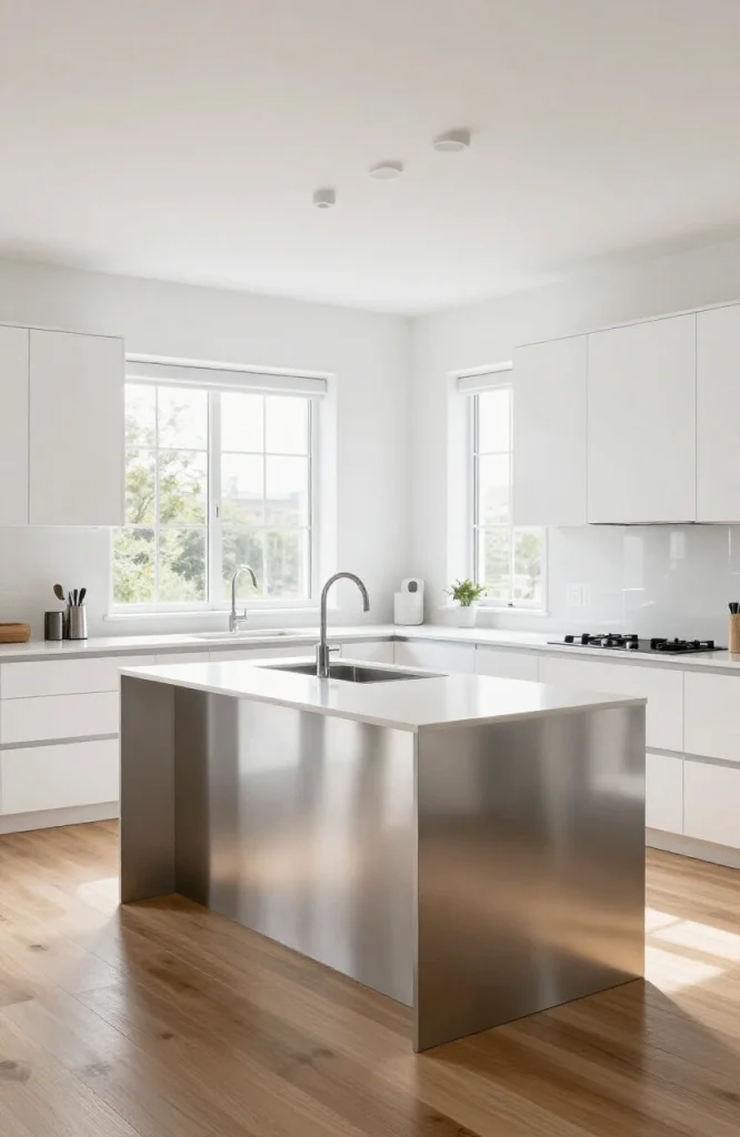 Modern parallel kitchen layout featuring central island with white cabinetry and stainless steel appliances