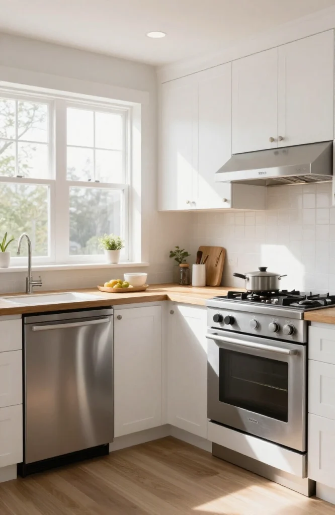 Modern parallel kitchen layout with two counters facing each other and appliances along opposite walls