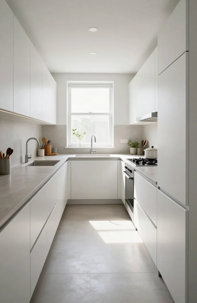 Compact parallel kitchen layout without island featuring two parallel counters and appliances optimized for tight spaces