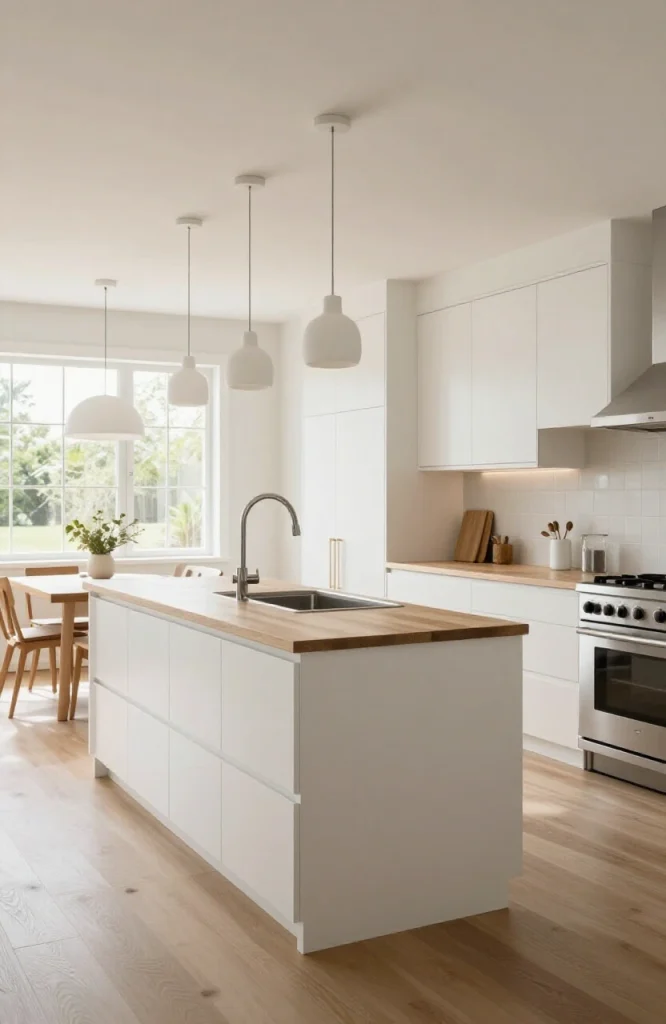 Open concept parallel kitchen with white cabinets flowing into dining and living space with natural lighting