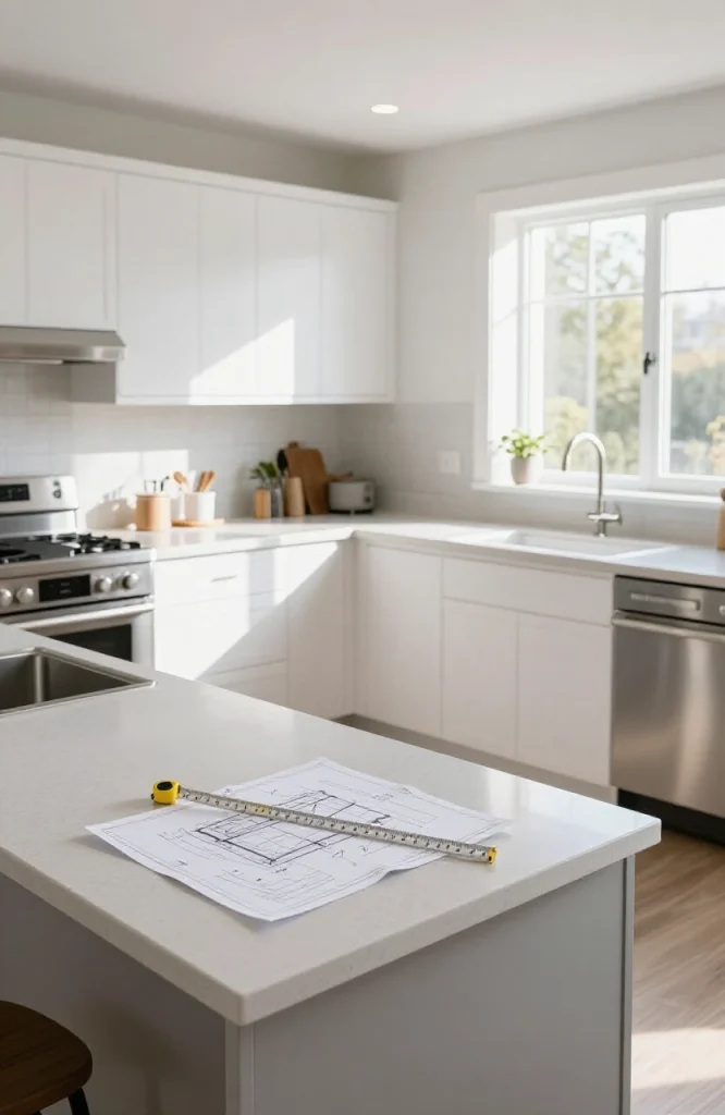 Diagram showing parallel kitchen layout planning steps for renovation with measurements and design considerations