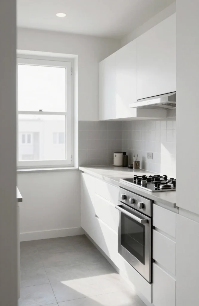 Modern parallel kitchen with compact layout and efficient storage solutions designed for studio apartment spaces