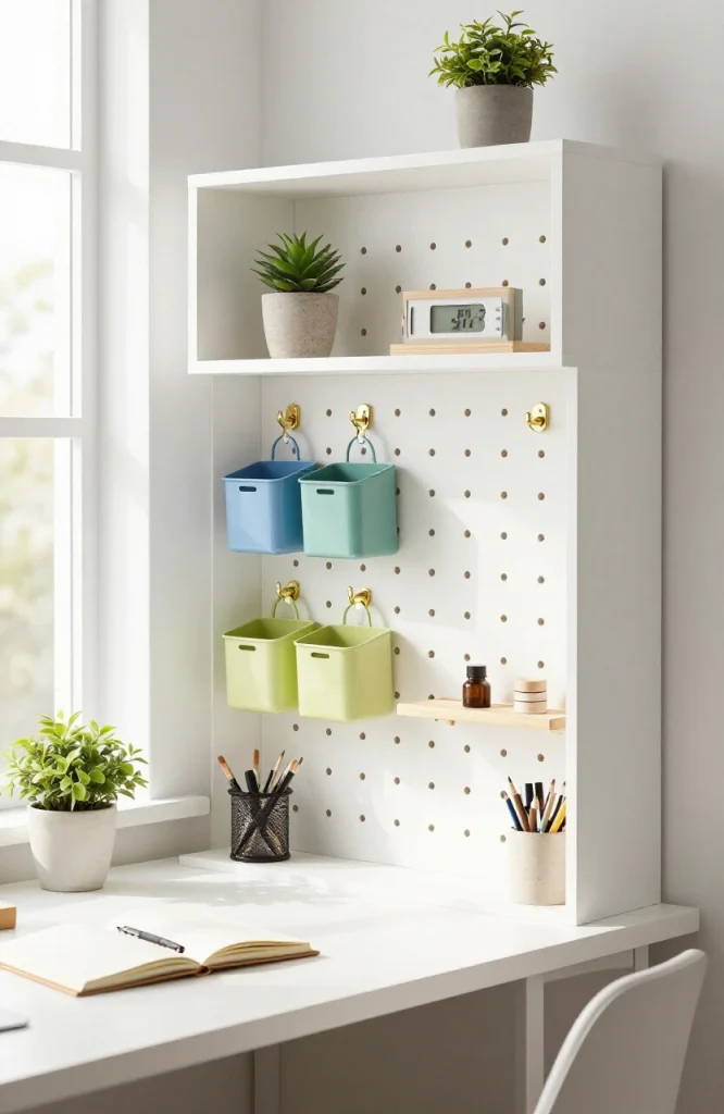 Small desk hutch with pegboard back panel displaying flexible storage solutions for compact home office organization