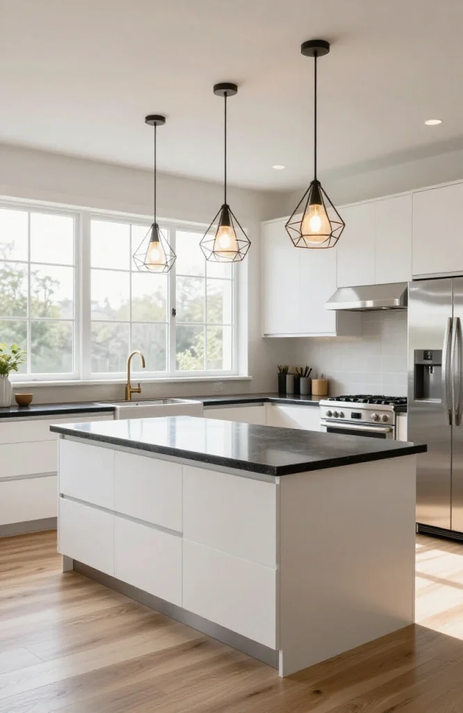 Modern parallel kitchen with stainless steel island and three pendant lights hanging above the counter workspace