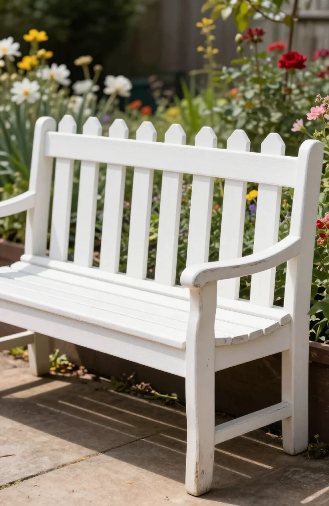 DIY picket fence-style backrest attached to wooden garden bench in cottage garden setting