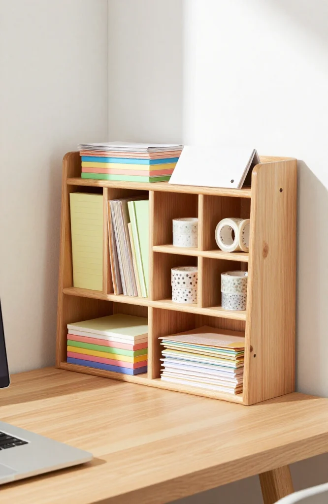 Compact desk hutch with multiple pigeonhole compartments and cubbies for organizing papers and office supplies