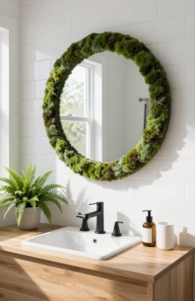Comparison of preserved moss and live moss options for decorative wall mirrors showing texture and color differences