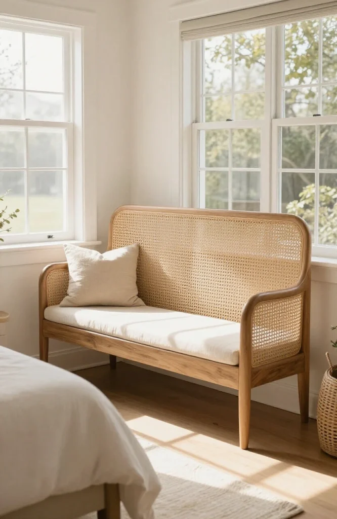 Natural rattan wicker panel backrest attached to wooden bench with bohemian aesthetic styling