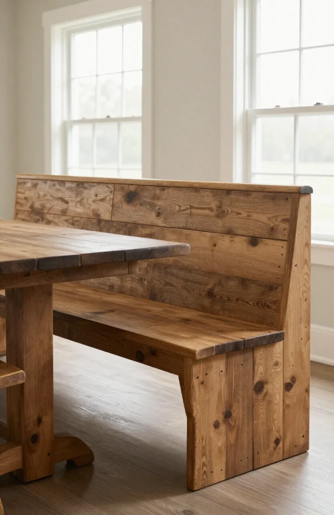 DIY bench backrest made from reclaimed wood planks in rustic farmhouse style with weathered finish