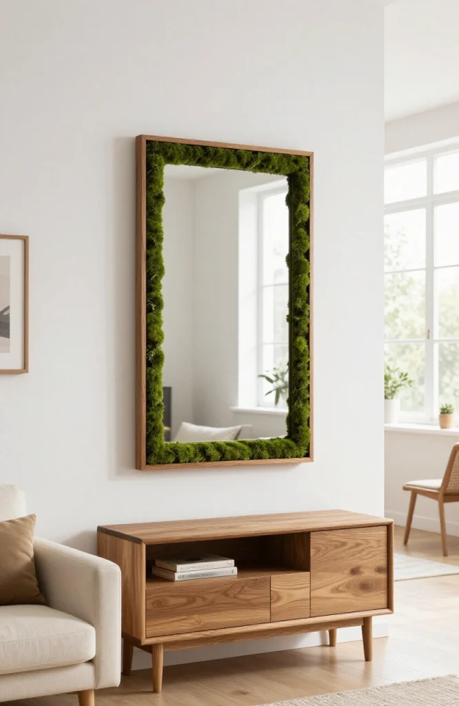 Rectangular moss mirror with wood frame mounted on white wall as statement piece