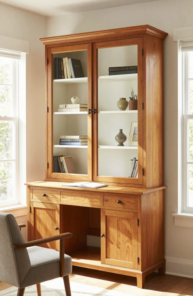 Vintage china cabinet converted into functional desk hutch with open shelving and storage compartments above workspace