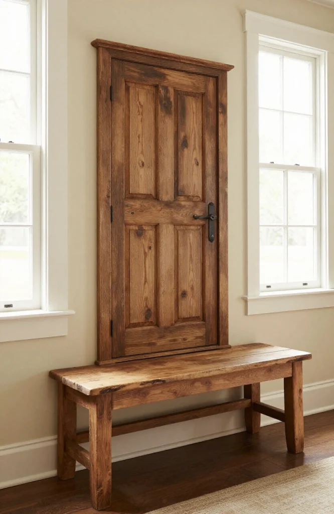 DIY bench with backrest made from repurposed wooden door panel attached to seat frame