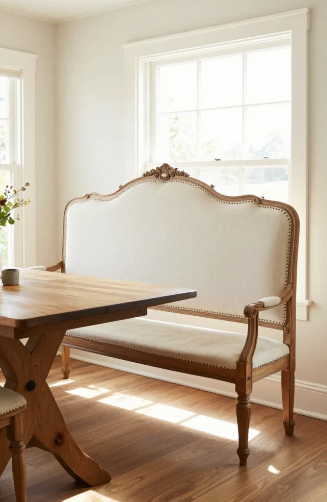 DIY bench backrest made from a repurposed wooden headboard providing comfortable seating support