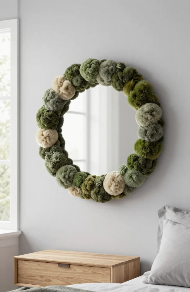 Round wall mirror framed with soft reindeer moss creating a natural textured focal point for home decor