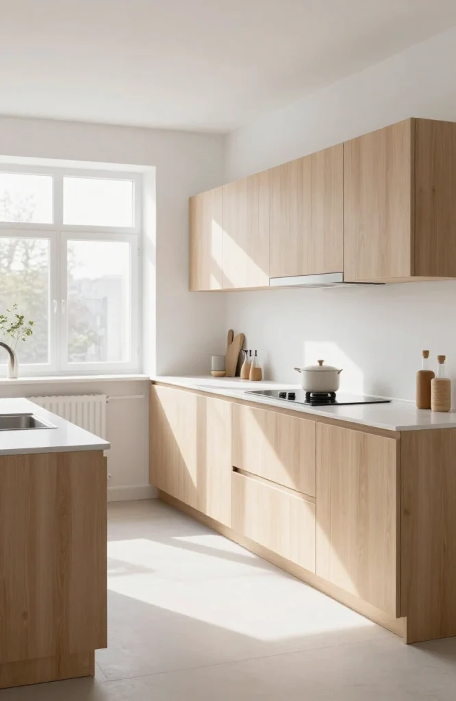 Modern Scandinavian parallel kitchen with light wood cabinets, white walls, stainless steel appliances, and minimalist design