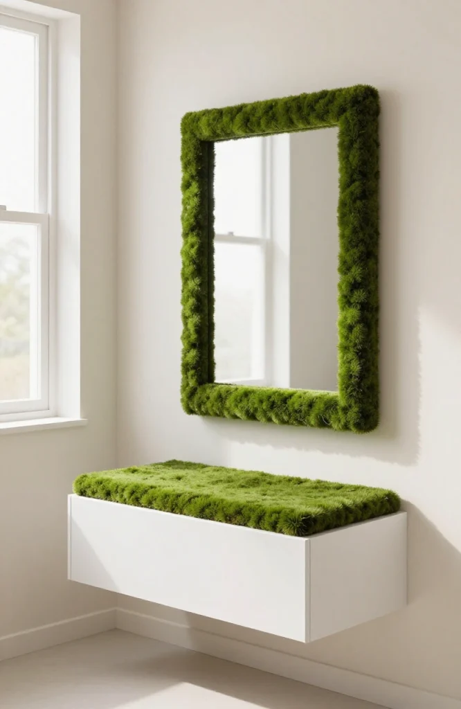 Minimalist wall mirror framed with flat sheet moss in natural green tones creating a simple modern botanical accent
