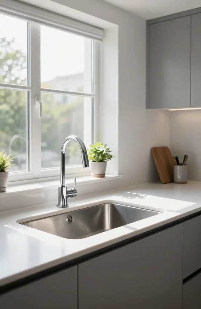 Parallel kitchen with sink and faucet positioned between two countertops for efficient workflow and functionality