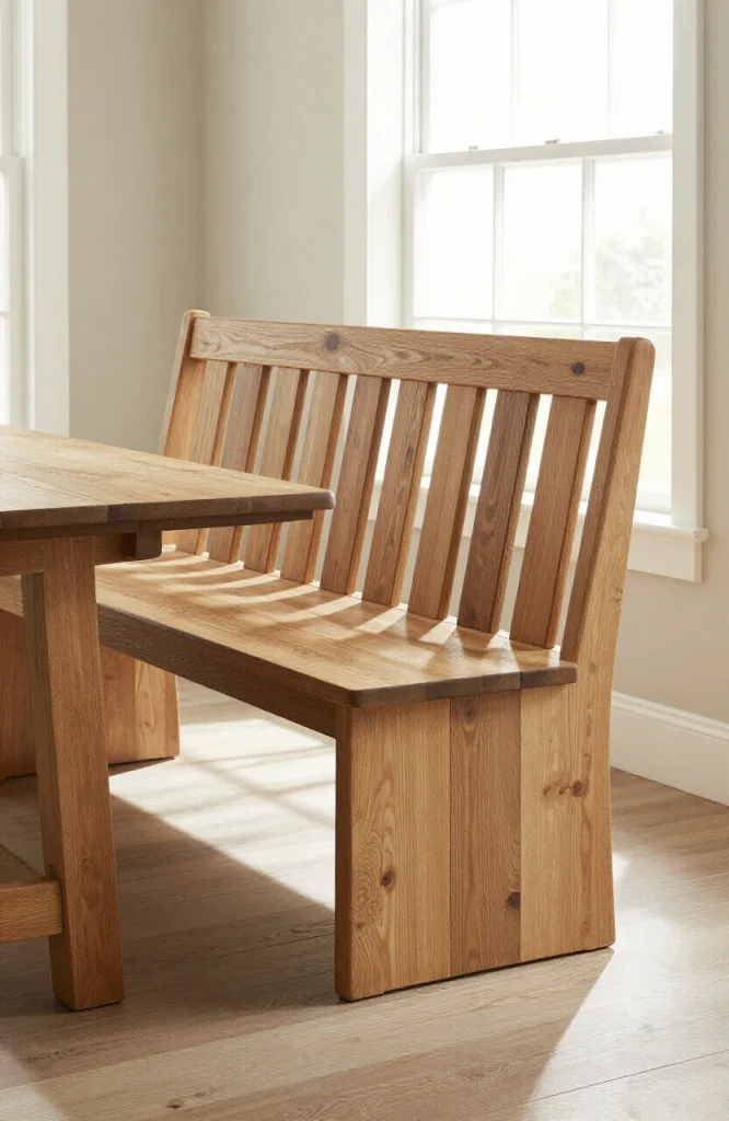 DIY wooden slanted slat backrest attached to bench showing ergonomic angle for comfortable back support