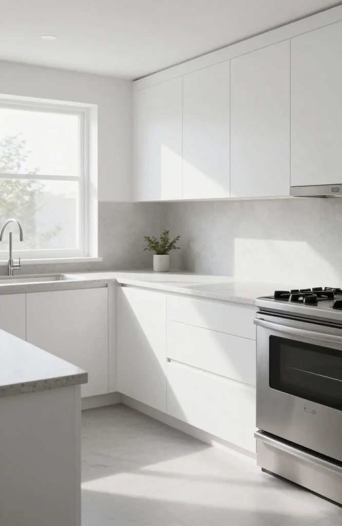 Modern minimalist parallel kitchen with clean lines, neutral colors, and streamlined cabinetry