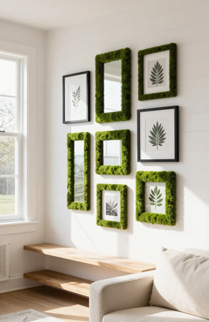 Small moss mirrors arranged in a cluster on a gallery wall displaying natural green plant-covered mirror frames