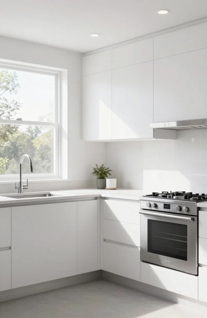 Modern parallel kitchen with integrated smart appliances, digital displays, and automated storage solutions