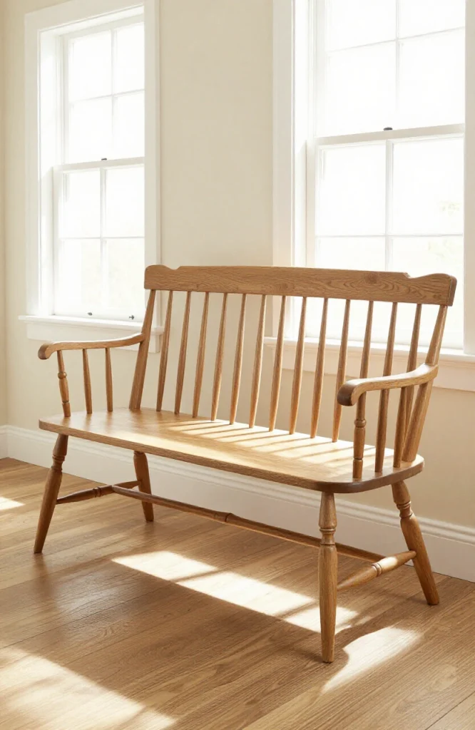 Wooden bench backrest featuring decorative turned spindles and carved wood accents in natural finish