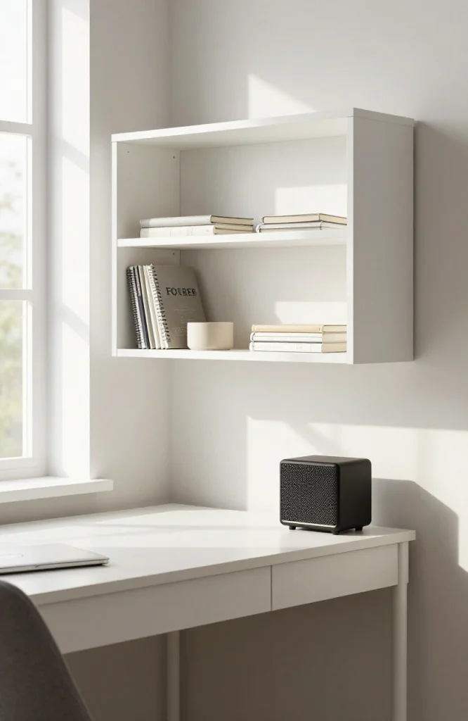 Two-tier wooden hutch organizer stacked vertically above narrow desk with shelves for office supplies and decor