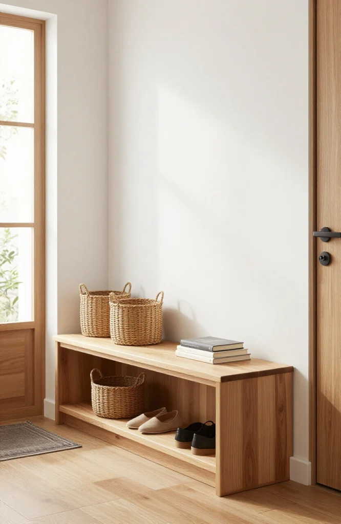 DIY bench backrest with built-in storage compartments and cushioned seating surface