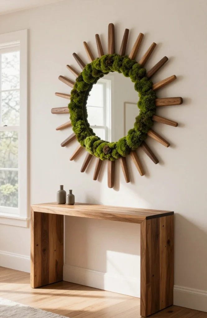Sunburst moss mirror with radiating design mounted on entryway wall creating dramatic botanical focal point