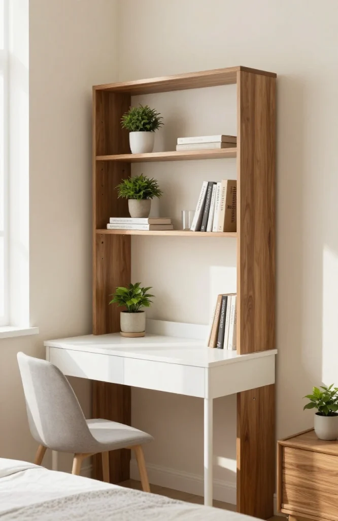 Tall narrow bookcase hutch with multiple shelves organizing books and office supplies in a compact bedroom workspace