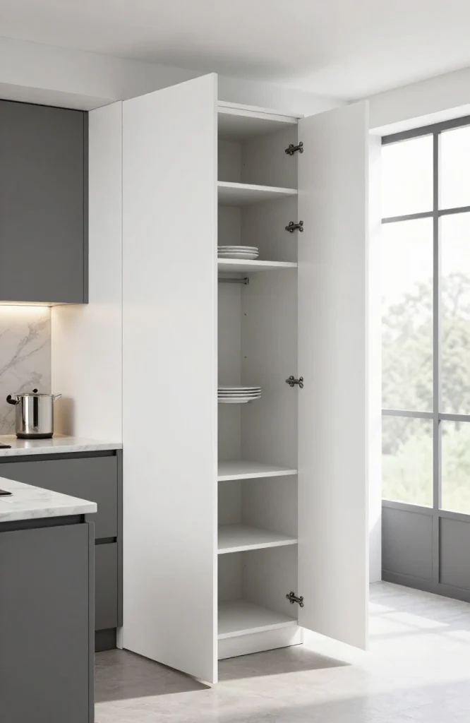 Modern parallel kitchen with floor-to-ceiling tall pantry units providing vertical storage solutions