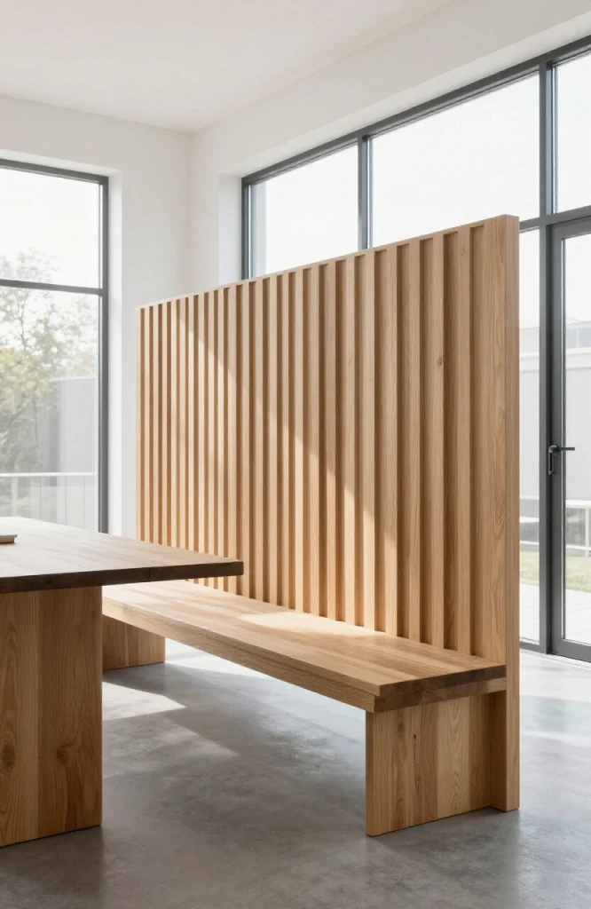 Contemporary bench backrest with tall vertical wood slats evenly spaced for modern seating support and aesthetic appeal