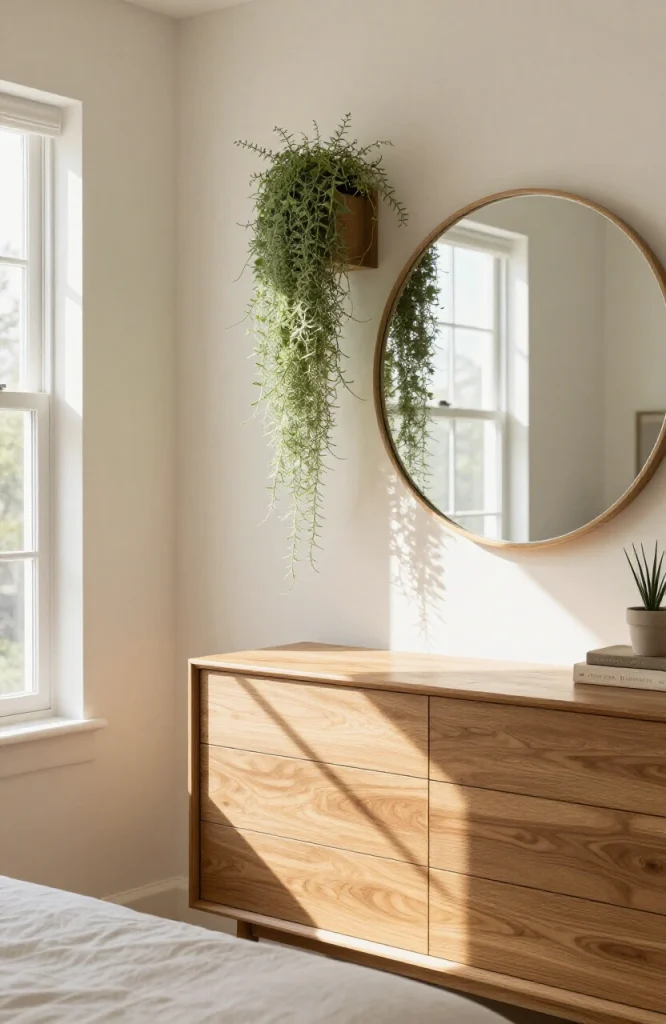Wall mirror decorated with trailing Spanish moss creating natural texture and outdoor aesthetic
