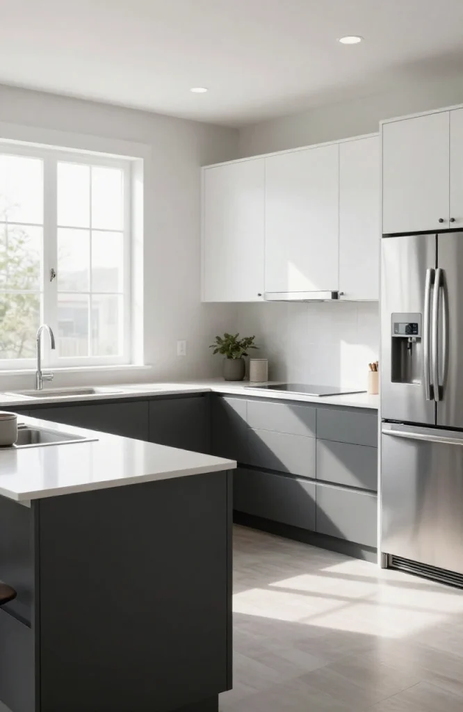 Modern parallel kitchen with two-tone cabinetry featuring contrasting upper and lower cabinet colors in contemporary style