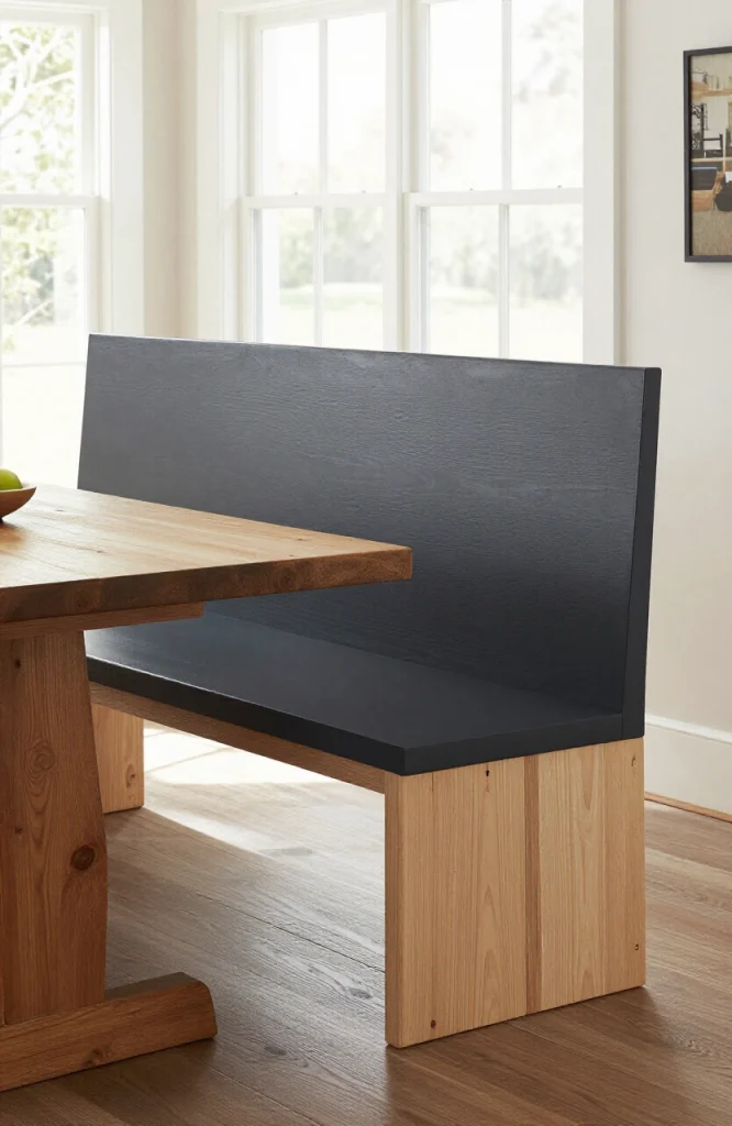 DIY bench backrest painted in two contrasting colors creating a geometric color block design for visual interest