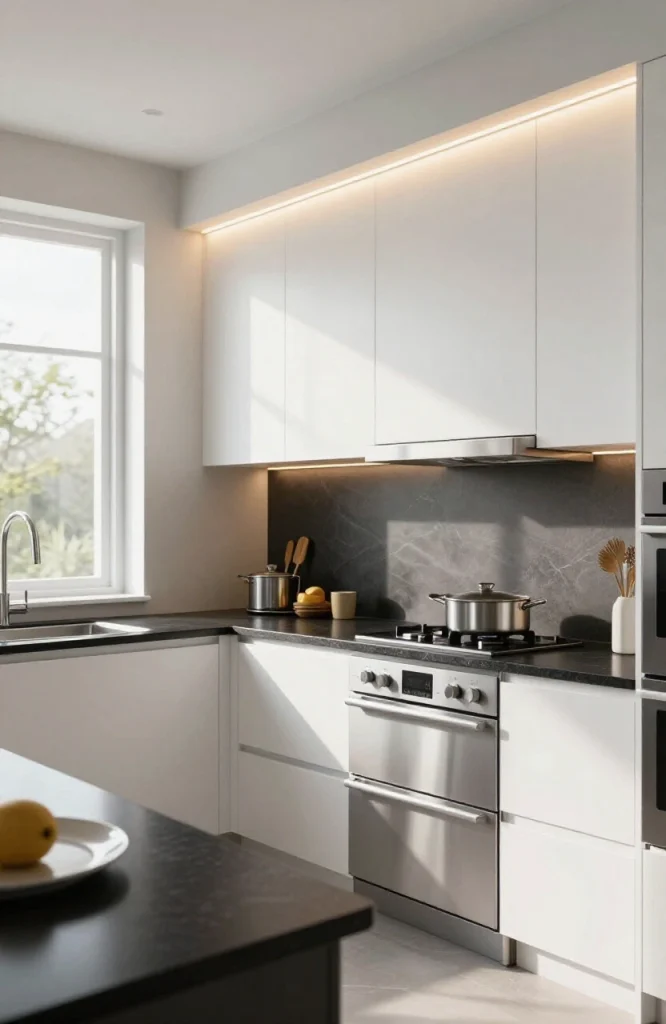 Modern parallel kitchen with LED under-cabinet lighting illuminating countertops and toe-kick lighting below base cabinets