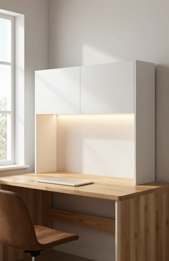 Compact desk hutch with integrated LED lighting underneath shelves for task illumination in small home office