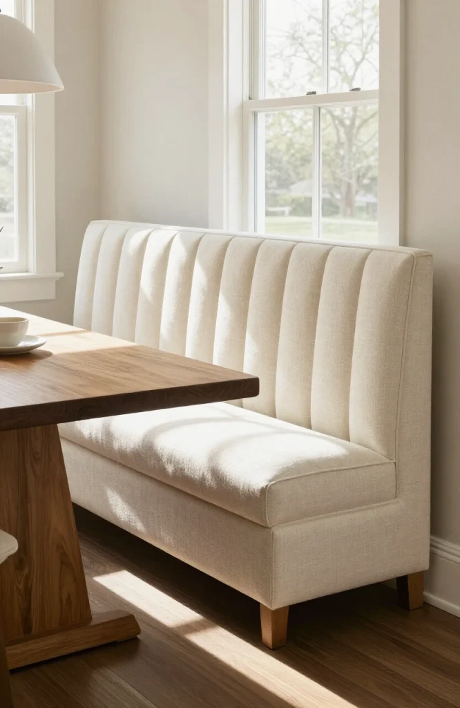 DIY upholstered channel-tufted backrest with vertical quilted panels and fabric covering attached to wooden bench frame