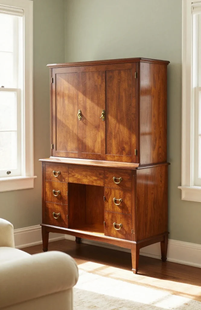 Vintage secretary desk featuring a drop-leaf hutch design with storage compartments and a fold-down writing surface for compa