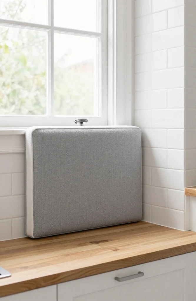 Wall-mounted padded backrest with fabric upholstery attached to dining banquette bench for comfortable seating