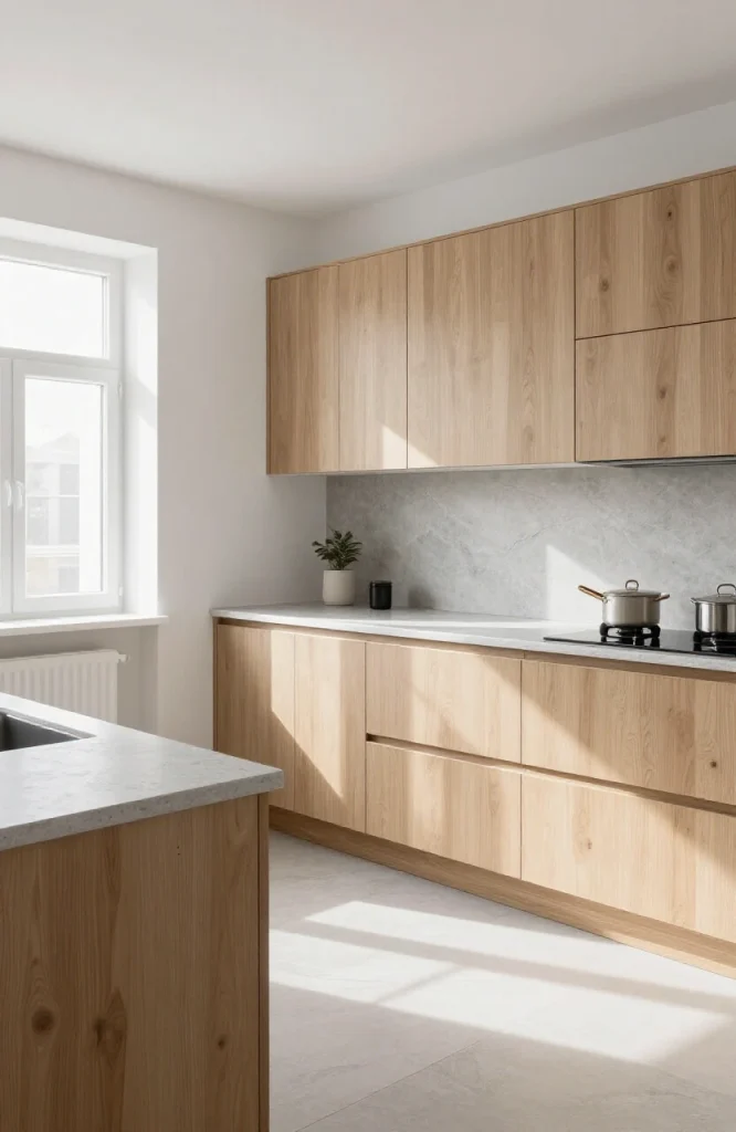 Modern parallel kitchen with warm wood cabinetry, stainless steel appliances, and minimalist countertops